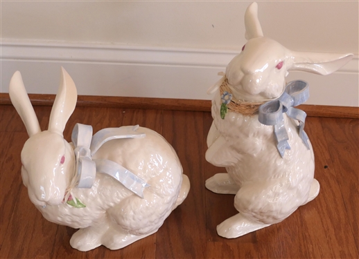 Pair of Ceramic Rabbit Statues Wearing Blue Bows - Standing Rabbit Measures 12 Tall 