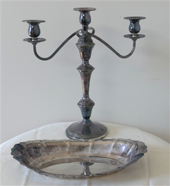 F.B. Rogers Silver Co. 3 Branch Silver Plate Candelabra and Lunt B15 Chippendale Style Silverplate Oval Tray - Candle Stick Measures 13 1/2 Tall 