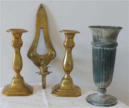 Pair of Nice Brass Candle Sticks, Brass Wall Candle Sconce, and Patinaed  Brass Vase - Made in India - Candle Sticks are 7 1/4 Tall 