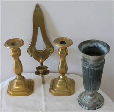 Pair of Nice Brass Candle Sticks, Brass Wall Candle Sconce, and Patinaed  Brass Vase - Made in India - Candle Sticks are 7 1/4 Tall 