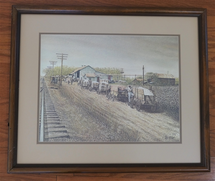 Tyler Artist Signed Print of Cotton on Horse Drawn Wagons by Train Station / Track - Dated 1981 - Numbered 576/1000 - Nicely Framed and Double Matted - Frame Measures 20 1/2" by 24 1/2" 