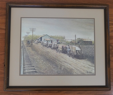 Tyler Artist Signed Print of Cotton on Horse Drawn Wagons by Train Station / Track - Dated 1981 - Numbered 576/1000 - Nicely Framed and Double Matted - Frame Measures 20 1/2 by 24 1/2 