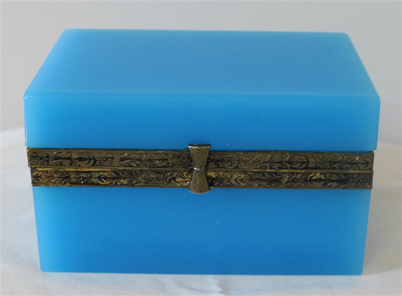 19th Century French Blue Opaline Glass Dresser Box with Brass Ormalou Edge Caps - Box Measures 3" tall 5 1/4" by 3 1/2"