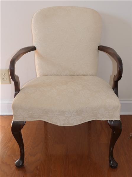 Queen Anne Style Mahogany Framed Arm Chair - Cream Upholstery - Some Minor Discoloration on Seat 