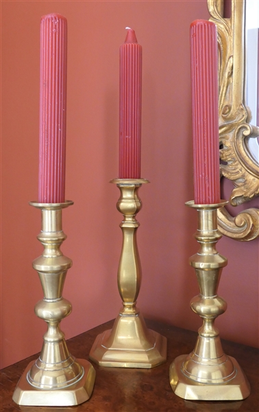 Pair of 9" Brass Push Up Candle Sticks and Single 10" Candle Stick 