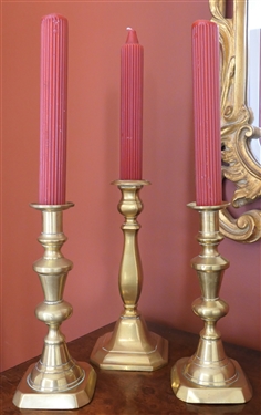 Pair of 9 Brass Push Up Candle Sticks and Single 10 Candle Stick 