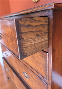 19th Century English Burl Solid End Chest of Drawers - 2 Dovetailed Drawers over 3 Dovetailed Drawers - Unusual Hand Chased Brass Pulls - Chest Measures 37 tall 37 1/2 by 20 1/2