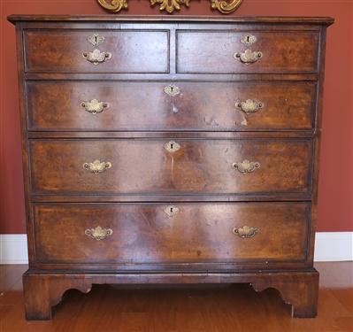 19th Century English Burl Solid End Chest of Drawers - 2 Dovetailed Drawers over 3 Dovetailed Drawers - Unusual Hand Chased Brass Pulls - Chest Measures 37 tall 37 1/2 by 20 1/2