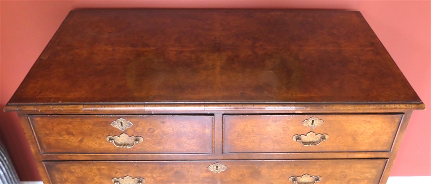 19th Century English Burl Solid End Chest of Drawers - 2 Dovetailed Drawers over 3 Dovetailed Drawers - Unusual Hand Chased Brass Pulls - Chest Measures 37 tall 37 1/2 by 20 1/2