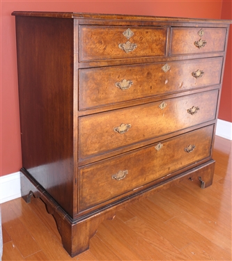 19th Century English Burl Solid End Chest of Drawers - 2 Dovetailed Drawers over 3 Dovetailed Drawers - Unusual Hand Chased Brass Pulls - Chest Measures 37 tall 37 1/2 by 20 1/2