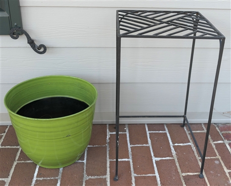 Black Iron Patio Table / Plant Stand and 15 Green Plastic Planter - Stand Measures 24 tall 14 by 14 