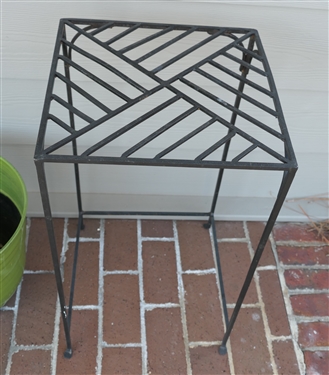 Black Iron Patio Table / Plant Stand and 15 Green Plastic Planter - Stand Measures 24 tall 14 by 14 