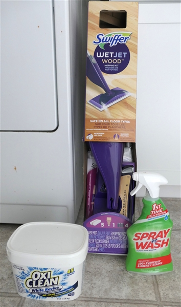 Swiffer Wet Jet Wood - New in Original Box with Full Bottle of Spray and Wash and Oxi Clean 