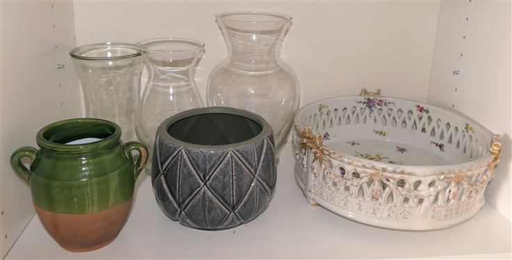 Shelf Lot including Made in Italy Planter, Art Pottery Planter, Porcelain Dish with Floral Decoration - Cracked in Center, and Glass Vases 