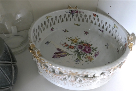 Shelf Lot including Made in Italy Planter, Art Pottery Planter, Porcelain Dish with Floral Decoration - Cracked in Center, and Glass Vases 