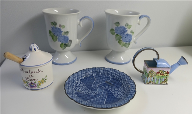Kelvin Chen No. 816 Miniature Enamel Watering Can, 2 Hand Painted Hydrangea Mugs, Hand Painted French Mustard Jar, and Small Blue and White Trinket Dish - Watering Can Measures 3 Including Handle 