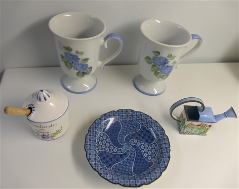 Kelvin Chen No. 816 Miniature Enamel Watering Can, 2 Hand Painted Hydrangea Mugs, Hand Painted French Mustard Jar, and Small Blue and White Trinket Dish - Watering Can Measures 3 Including Handle 