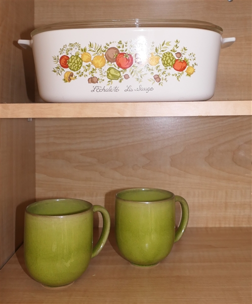 2 Green Mugs "Jars" Made in France and Corning Ware Casserole with Lid 