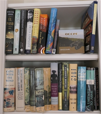 Shelf Lot of Books, Novels, Antique Books, Information Books, and Binoculars - Furious Hours First Edition, Remarkably Bright Creatures First Edition Paris in the Present Tense Author Signed...