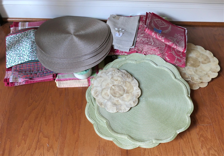 Large Lot of Tableware - Placemats, Cloth Napkins, Tea Towels - Christmas, Shell, Green Croc Embossed, and Woven 