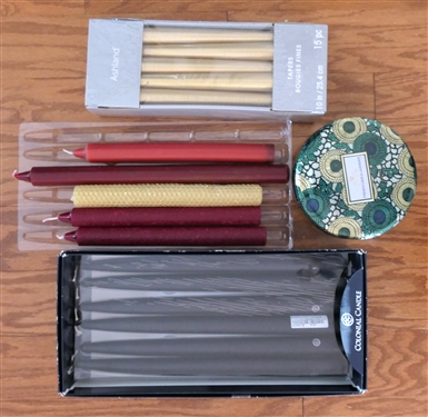 Lot of Candles - Black 12 Colonial Candles Tapers, Gold Tapers, and Voluspa Candle in Green Tin 