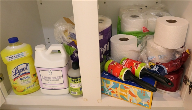 Under Sink Cabinet Lot including Toilet Paper, Paper Towels, Linen Wash, and Lysol