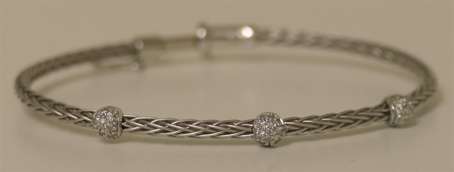 Italian 18kt White Gold Braided Bracelet with 3 Diamond Stations - Fits an Average Wrist 