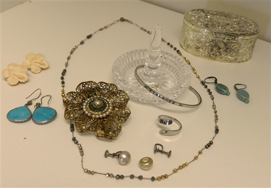 Jewelry Lot including Waterford Crystal Ring Holder, Japan Trinket Box, Long Necklace with Gold Filled Clasp, Hibiscus Earrings, and Brooch