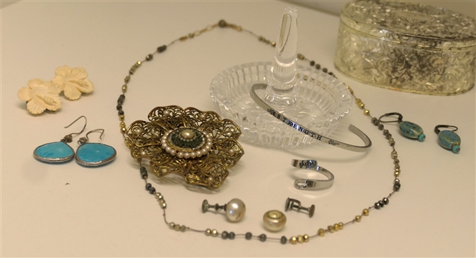 Jewelry Lot including Waterford Crystal Ring Holder, Japan Trinket Box, Long Necklace with Gold Filled Clasp, Hibiscus Earrings, and Brooch