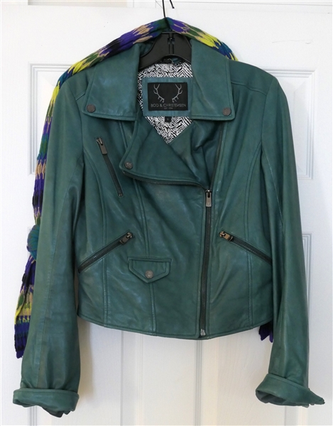 Bod & Christensen Green Leather Motorcycle Style Jacket - Size Small - With Coordinating Scarf
