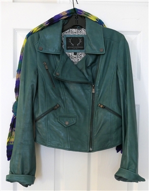 Bod & Christensen Green Leather Motorcycle Style Jacket - Size Small - With Coordinating Scarf