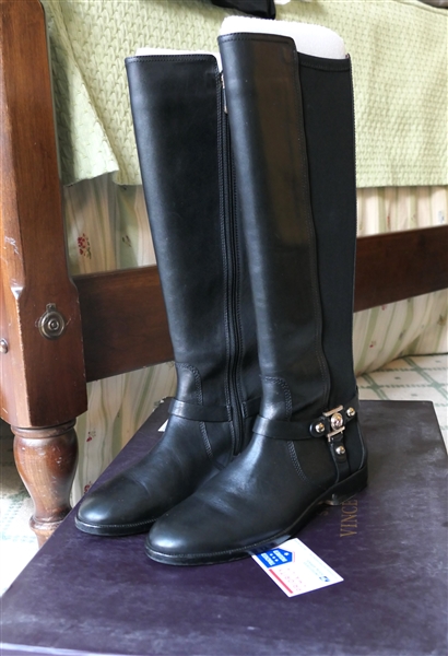 Vince Camuto Signature "Karren" Black Dutch Calf and Scuba Tall Boots - Black Leather with Gold Hardware - Size 6 1/2 - Very Little Wear - With Original Box