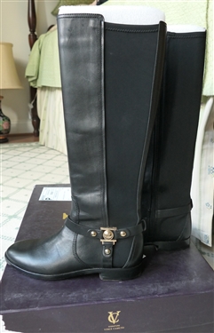 Vince Camuto Signature Karren Black Dutch Calf and Scuba Tall Boots - Black Leather with Gold Hardware - Size 6 1/2 - Very Little Wear - With Original Box