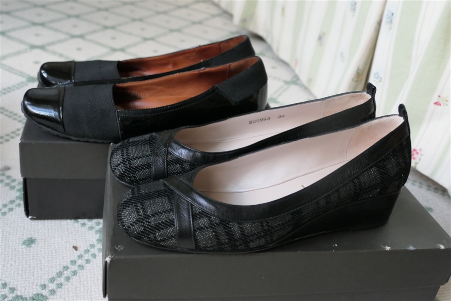 Gentle Souls Black "Kix" Black Patent Leather Shoes Size 6.5 and Bruno Magli Made in Italy Black and Gray Shoes - Size 36 - With Original Box 