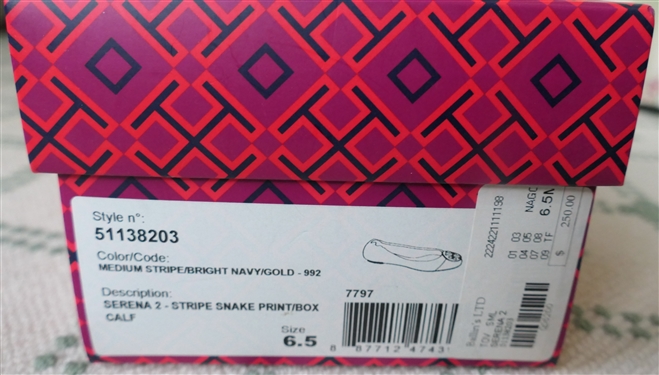 Tory Burch Serena Medium Stripe Bright Navy / Gold - Size 6.5 - In Original Box