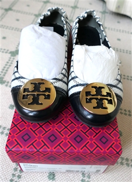 Tory Burch Serena Medium Stripe Bright Navy / Gold - Size 6.5 - In Original Box