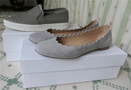 Chloe' Gray Scallop Baller Flats Like New in Original Box Size 36 and Vince Blair Gray Slip on Sneakers - Size 6 In Original Box