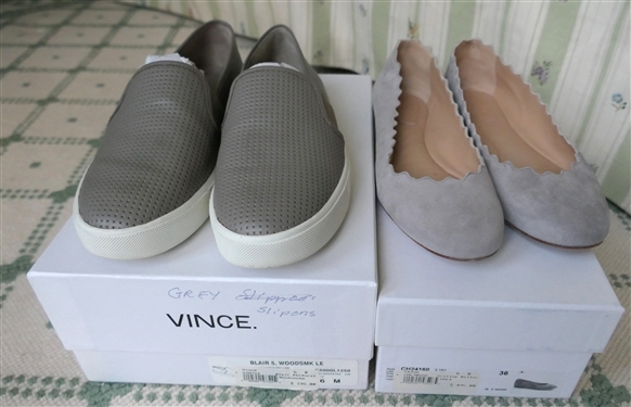 Chloe' Gray Scallop Baller Flats Like New in Original Box Size 36 and Vince Blair Gray Slip on Sneakers - Size 6 In Original Box