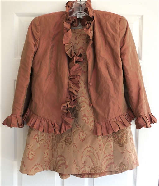 Z by Zelda Silk Suit - Jacket with Ruffled Collar and Cuffs with Matching Brocade Skirt - Size 4