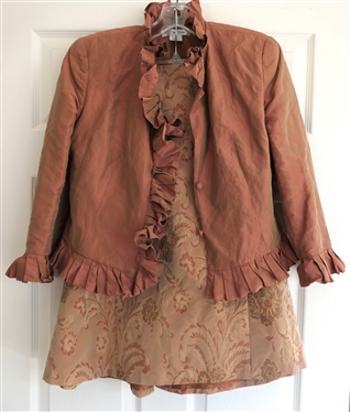 Z by Zelda Silk Suit - Jacket with Ruffled Collar and Cuffs with Matching Brocade Skirt - Size 4
