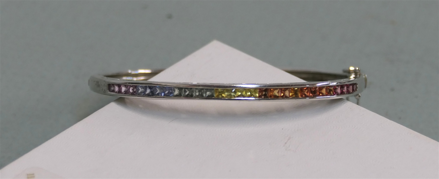 Stainless Steel Hinged Bangle Bracelet with Rainbow Stones - Filigree Sides - Fits Average Wrist