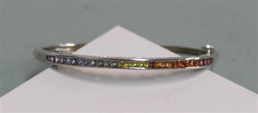 Stainless Steel Hinged Bangle Bracelet with Rainbow Stones - Filigree Sides - Fits Average Wrist