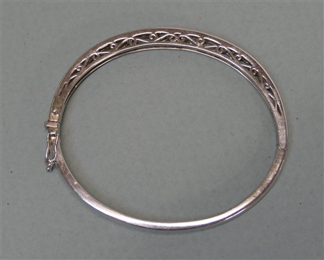 Stainless Steel Hinged Bangle Bracelet with Rainbow Stones - Filigree Sides - Fits Average Wrist