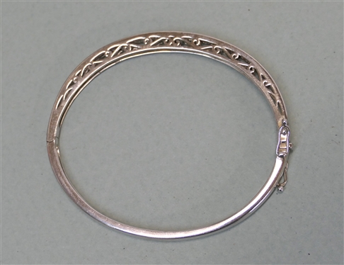 Stainless Steel Hinged Bangle Bracelet with Rainbow Stones - Filigree Sides - Fits Average Wrist