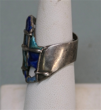 Unusual Sterling Silver Enameled Ring  -Abstract Design - Size 6