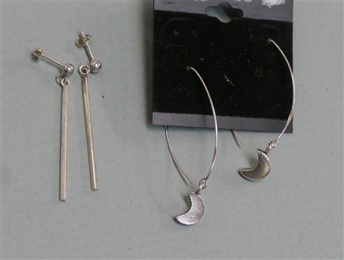 2 Pairs of Sterling Silver Earrings - Long Earwires with Moon Charms and Long Rectangles - Long Rectangles Measure 1 3/4 Long