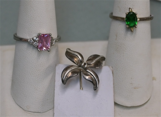 2 Dainty Sterling Silver Rings - Pink Stone and Green Stone and Sterling Silver Flower Stick Pin - Rings Size 7 