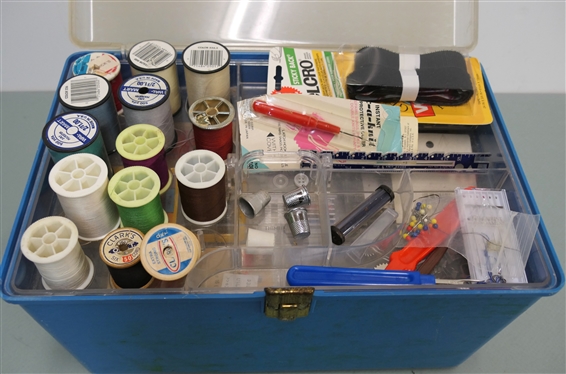 Sewing Box Full of Sewing Notions - Thread, Pins, Velcro, Etc.