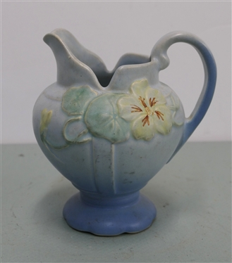 Signed Weller - Art Pottery Pitcher Panella Nasturtium - Light Blue - Pitcher Measures 7 Tall 6 Wide