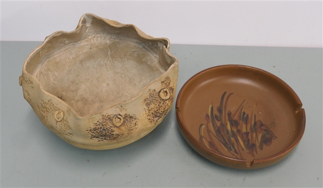 1973 Pacific Stoneware Brown Ashtray and Unusual Abstract Form Studio Art Pottery Bowl - Decorated Outer Band - Bowl Measures 6 Tall 9 1/2 Across